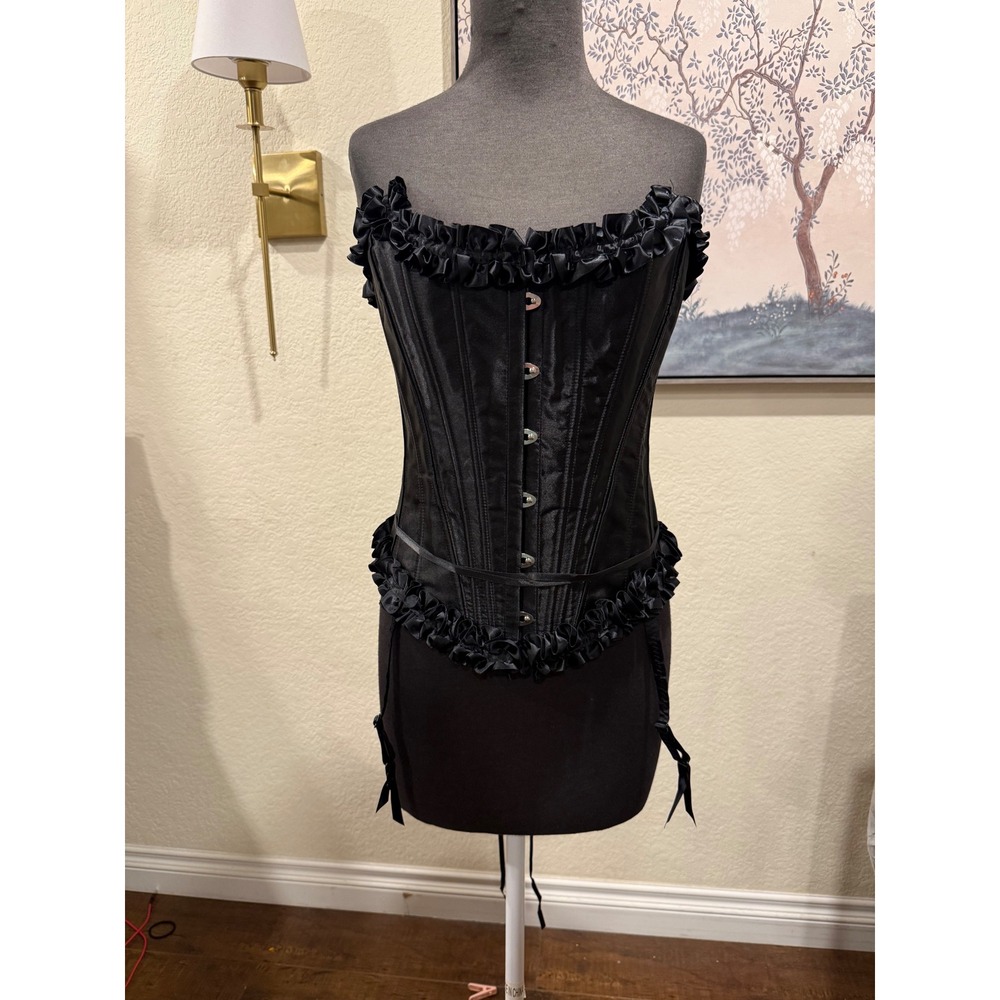Daisy Corsets Black Satin Ruffle Trim Lace Up Garter Corset‎ Top Womens